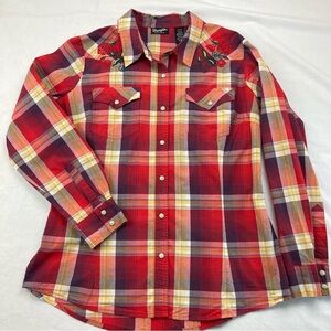Wrangler Retro Cowgirl Western Plaid Shirt Pearl Snaps Embroidered Roses Large